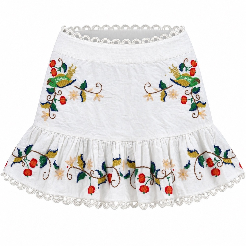 Farm Rio Embroidered Tropical Bird Ruffle Mini Skirt Large boho cottage travel
